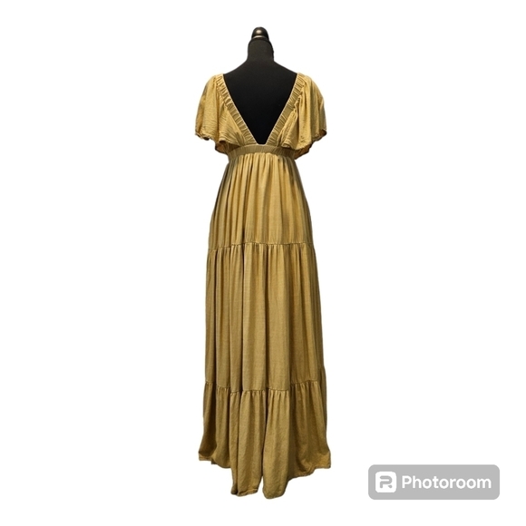 Wishlist Apparel Mustard Deep V-neck 100% Rayon Tiered Swing Maxi Dress Size S - Picture 4 of 14